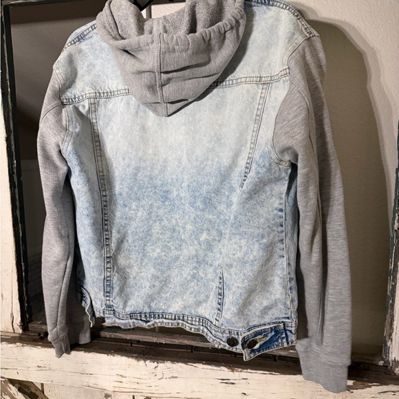 Red Label By Patrol Jeans Size Small Wash Denim Jacket Gray Hood & Sleeves Y2K - Picture 4 of 11